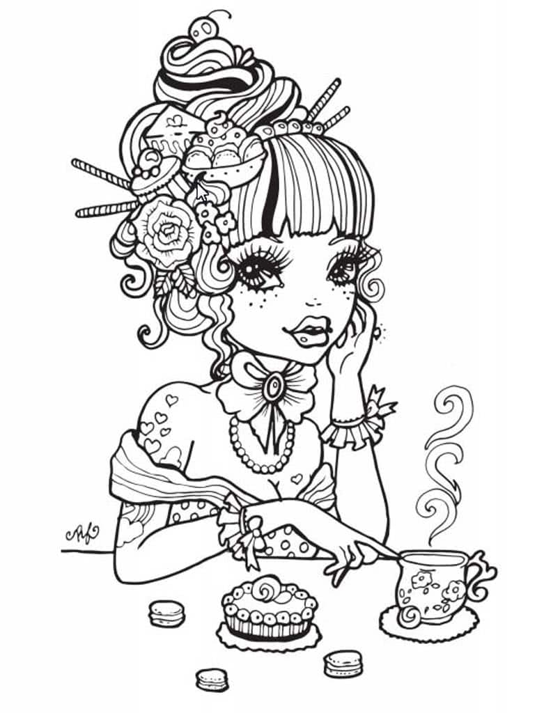 Девочка с пирожными пьет чай