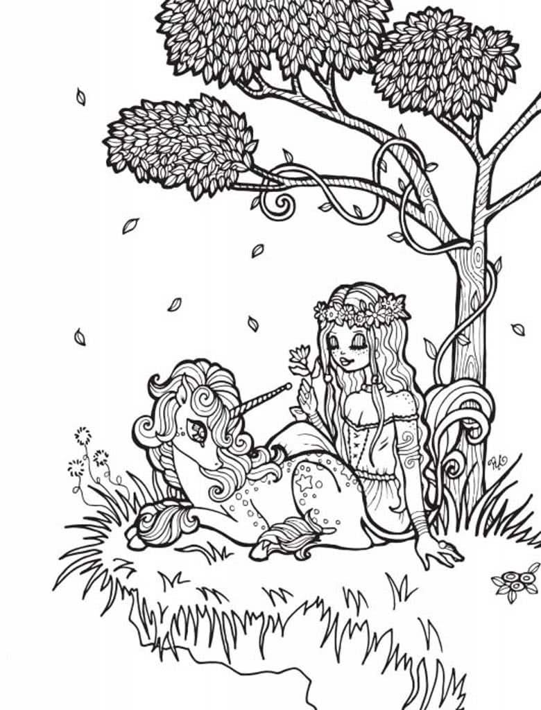 Девочка с единорогом сидит под деревом