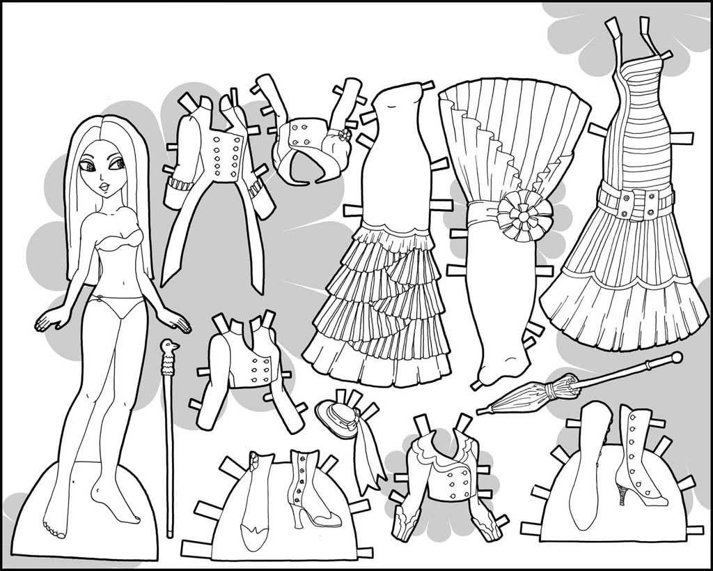 Набор длинных платьев и кукла для вырезания