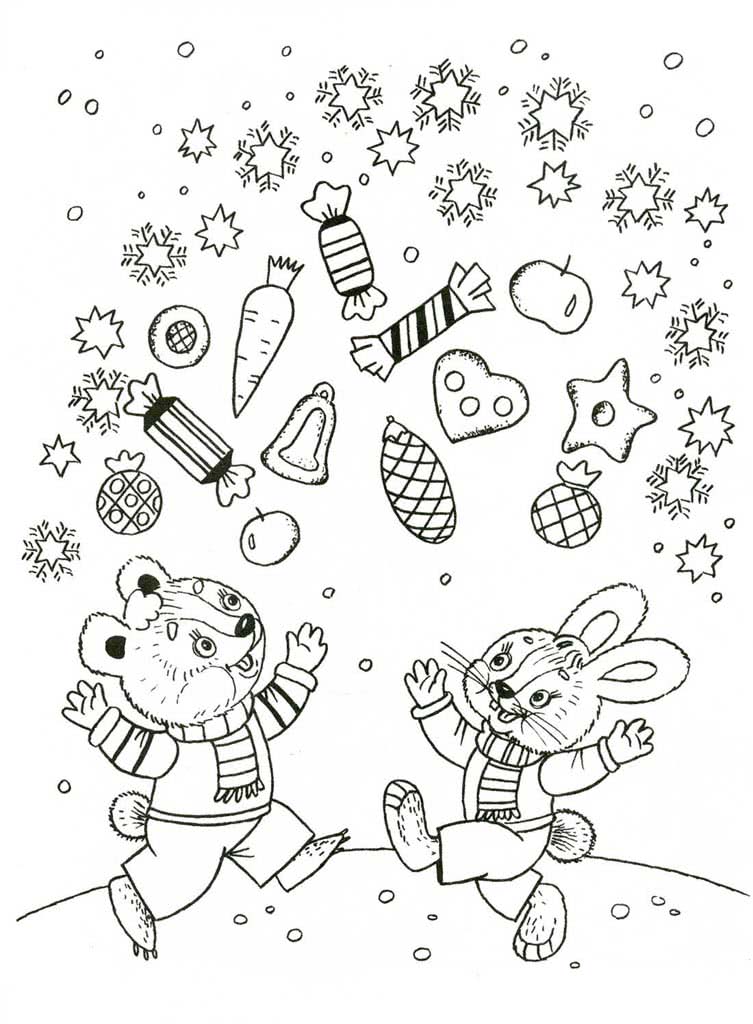 Мишка и зайчик с новогодними сладостями