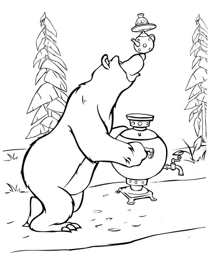 Медведь несет самовар и на носу чайник с чашкой и блюдцем