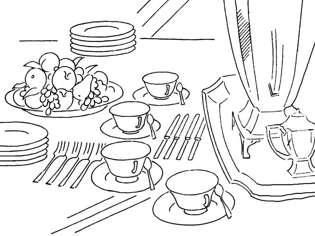 Набор чайной посуды с самоваром и фруктами