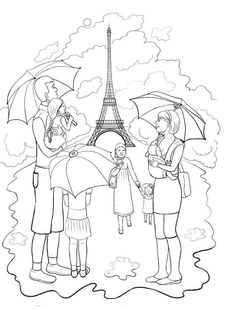 Семья на прогулке с зонтиками у эйфелевой башни