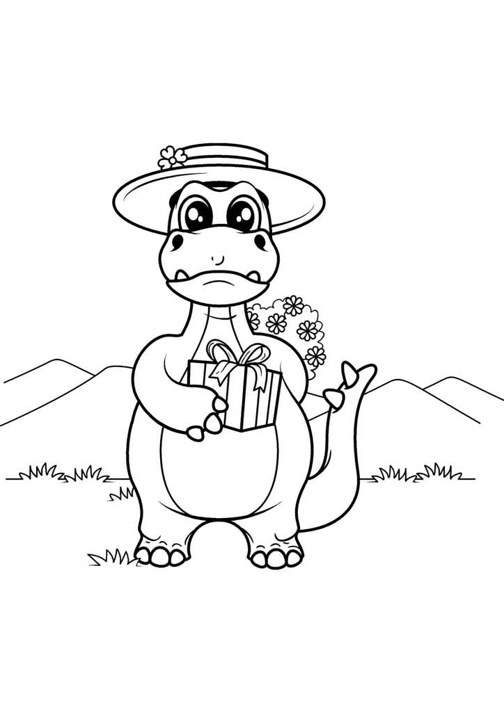 Динозавр в шляпе с подарком