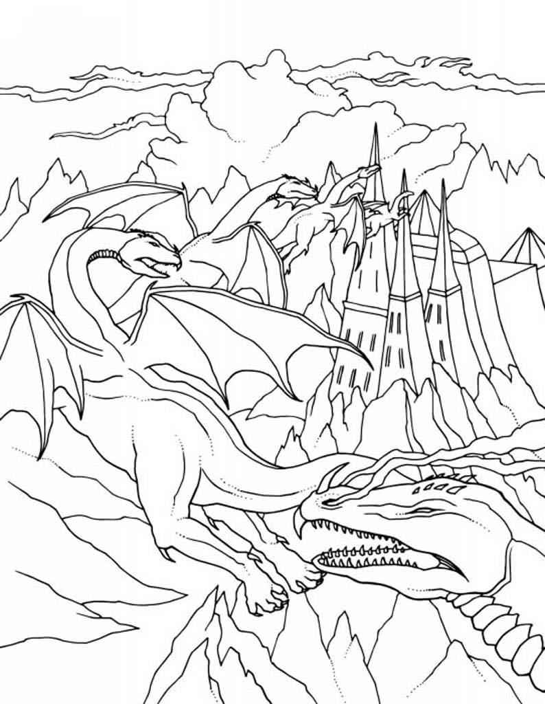 Полет драконов среди скал и замка