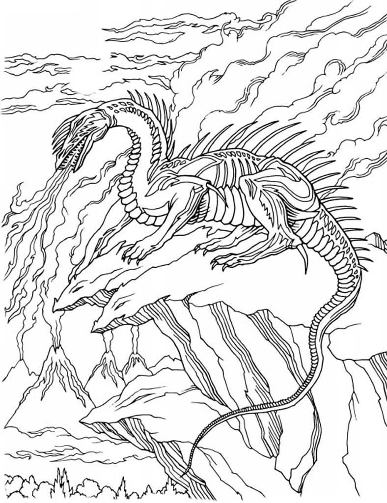 Огнедышащий дракон сидит на краю скалы