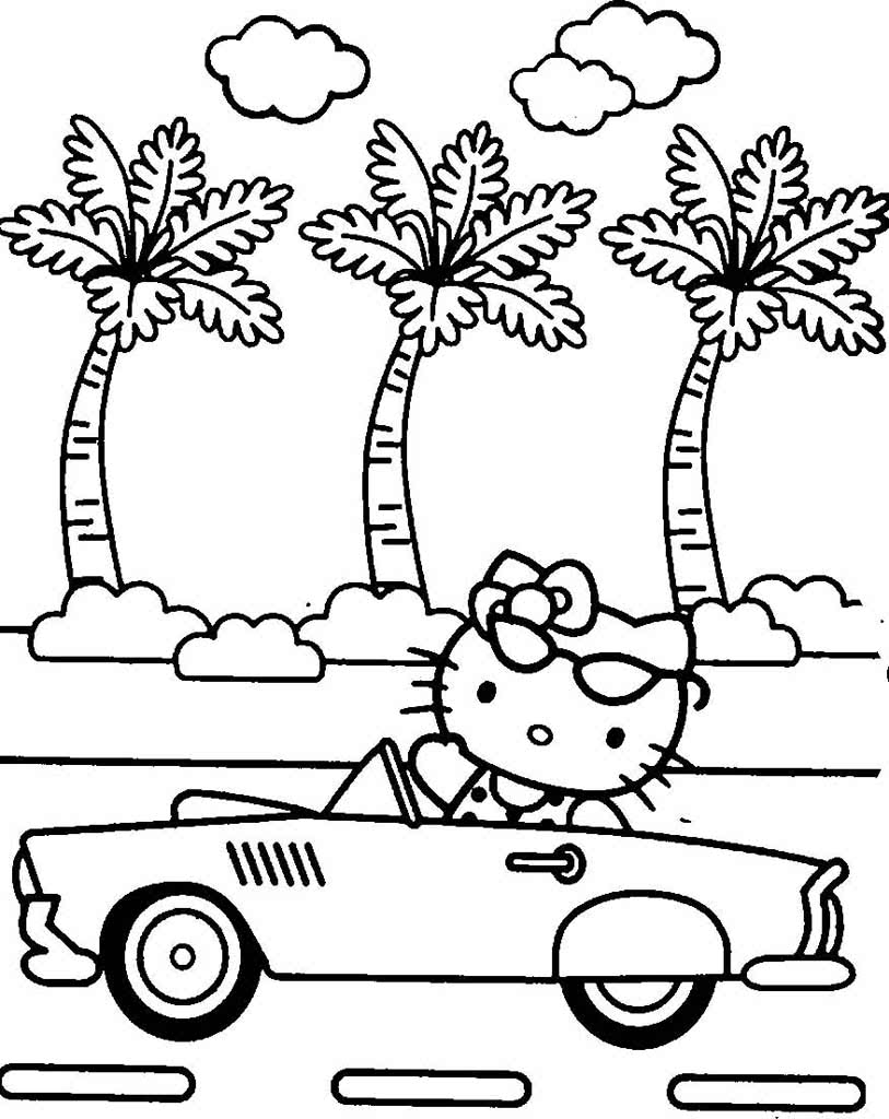 Хелло Китти едет в автомобиле среди пальм