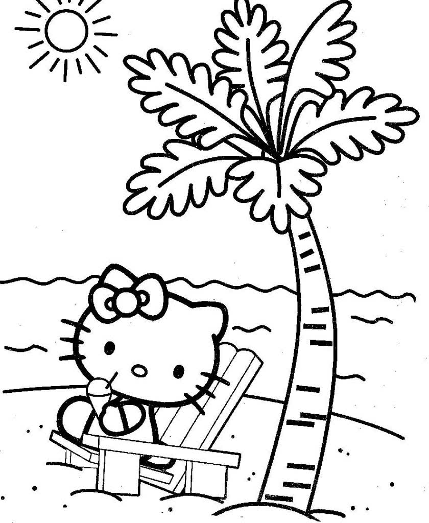 Хелло Китти сидит у пальмы с коктейлем