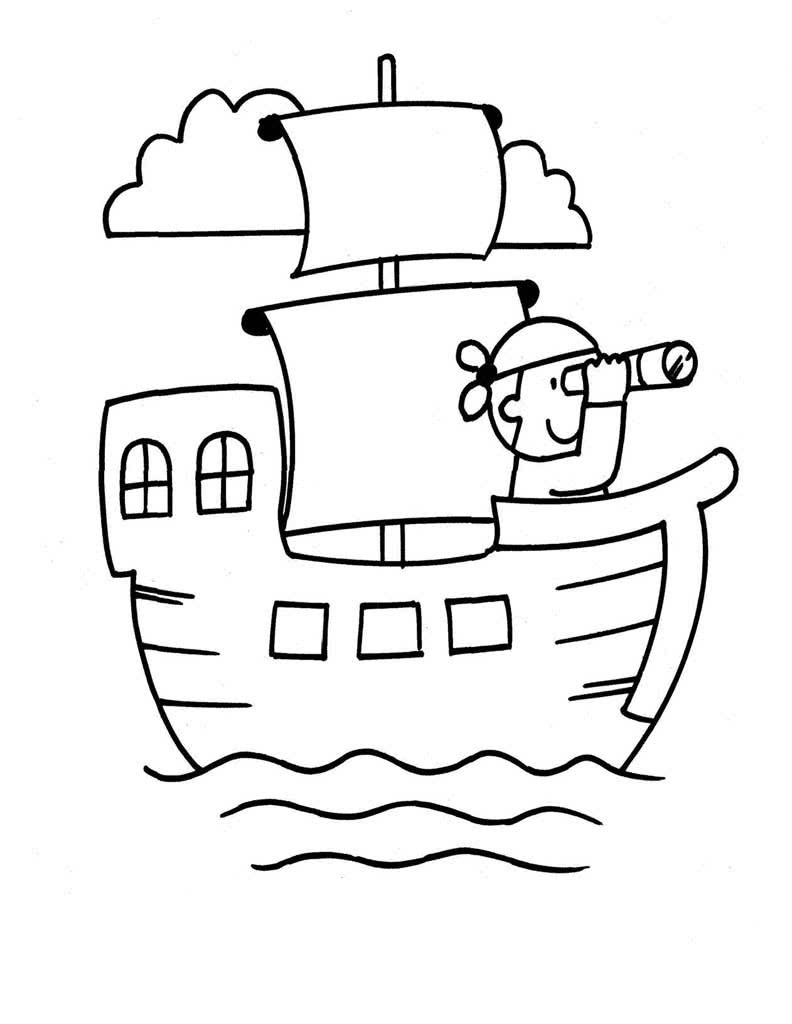 Пират с подзорной трубой на корабле