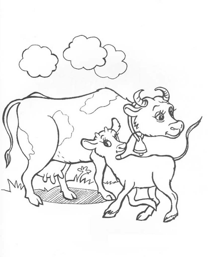Корова с теленком на лугу