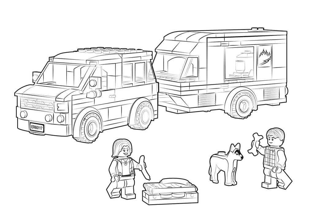 Лего фургон с прицепом и два лего человечка с собакой готовятся к пикнику