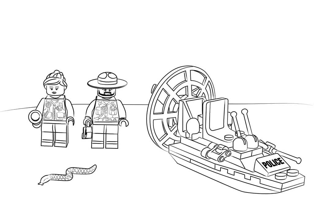 Лего судно с вентилятором с зади и два лего человечка со змеей