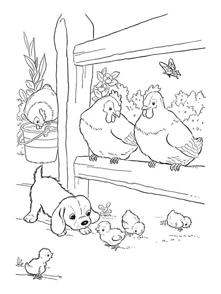 Курица с цыплятами и щенок