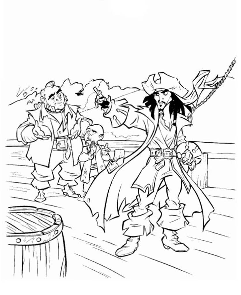 Капитан Джек Воробей отдает приказ пиратам на корабле