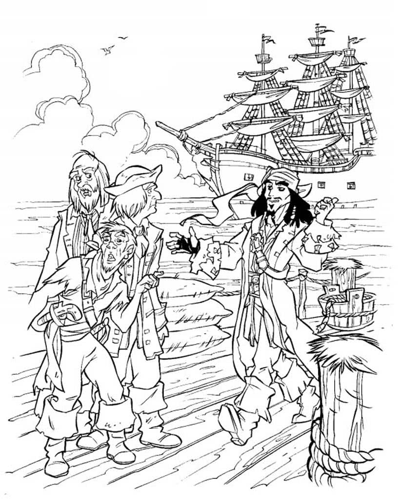 Джек Воробей с пиратами на фоне корабля Черная жемчужина