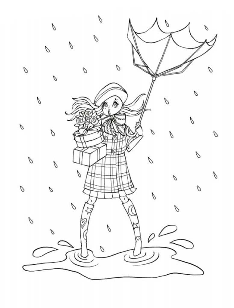 Девочка с зонтиком под дождем с подарками