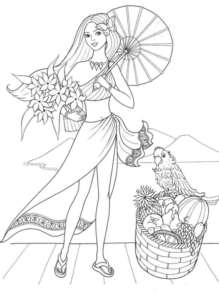 Летняя принцесса с зонтиком попугаем и корзиной с фруктами