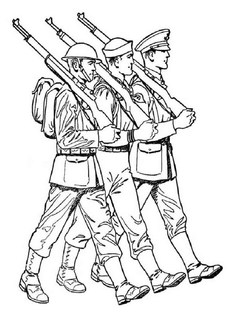 Три солдата маршируют с ружьями