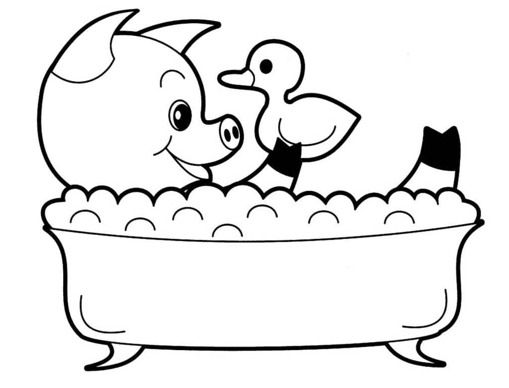 Поросенок купается в ванне с уточкой