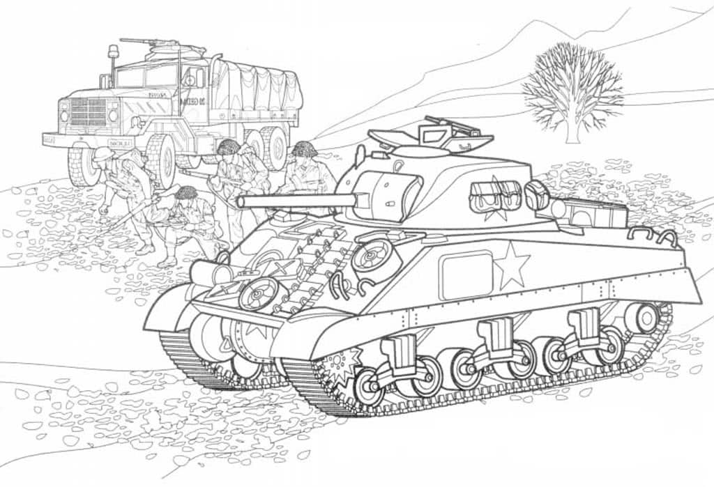 Военная машина и танк с солдатами