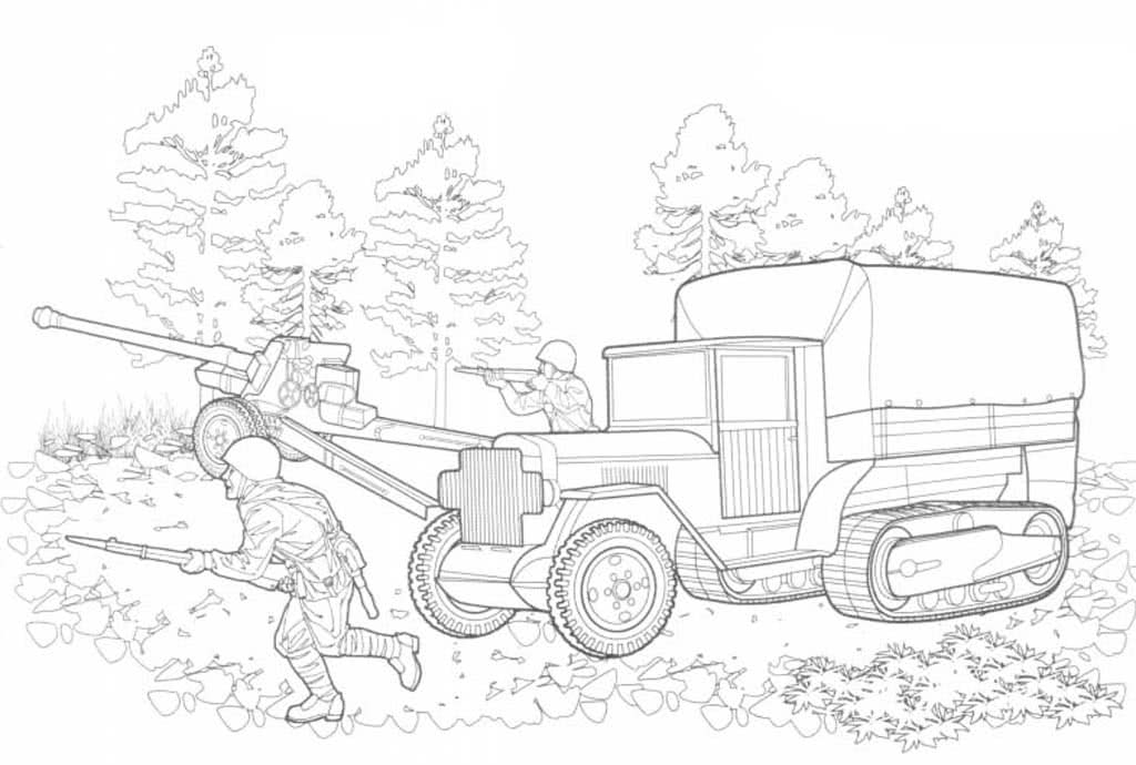 Солдаты с боевой машиной и пушкой бегут по лесу