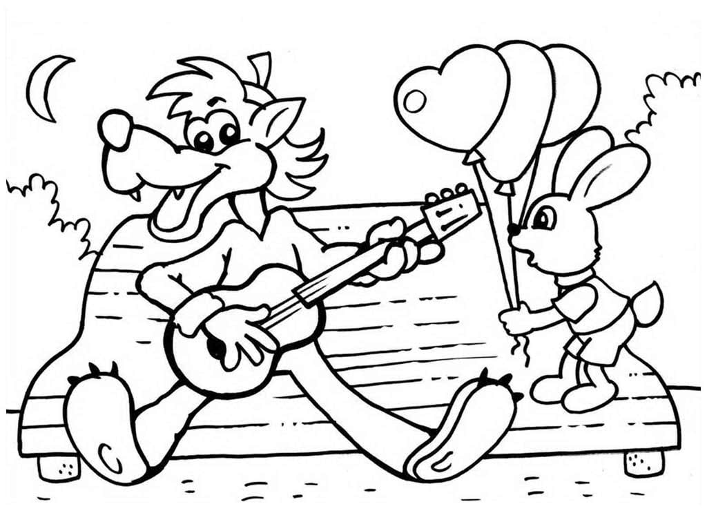 Волк на скамейке с гитарой и заяц с шариками