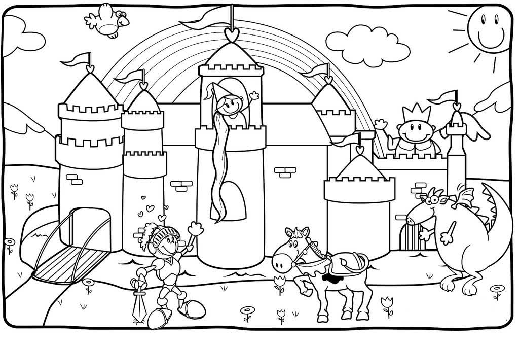 Сказочный замок с принцессой рыцарем и драконом