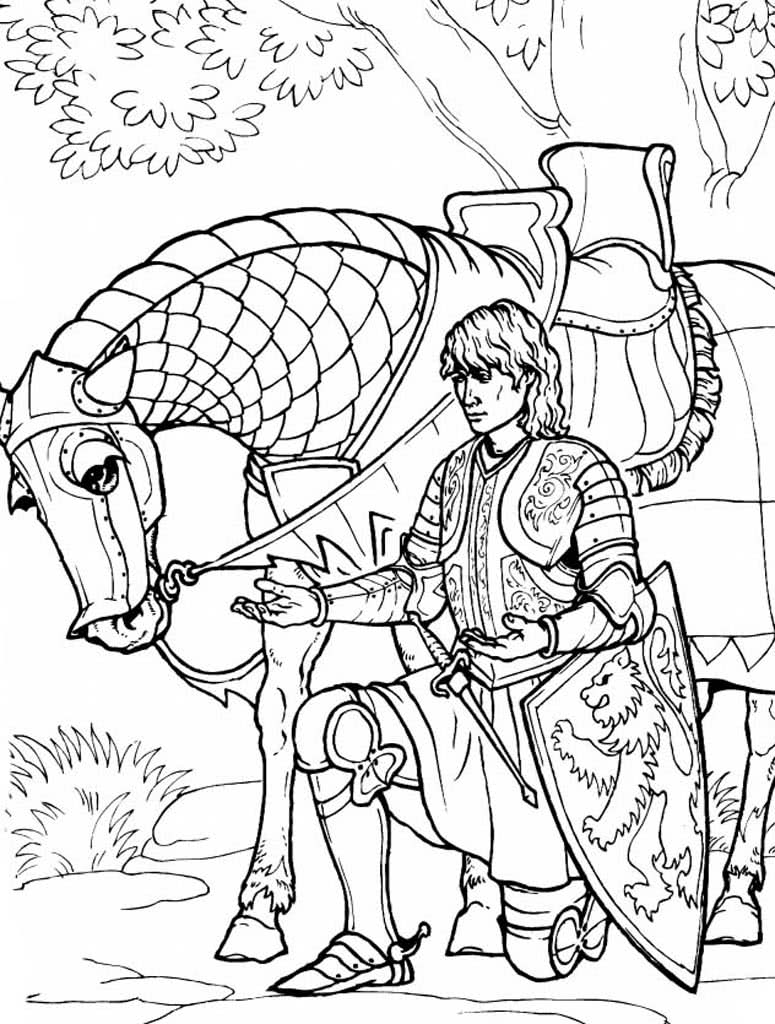 Рыцарь опустился на одно колено у коня