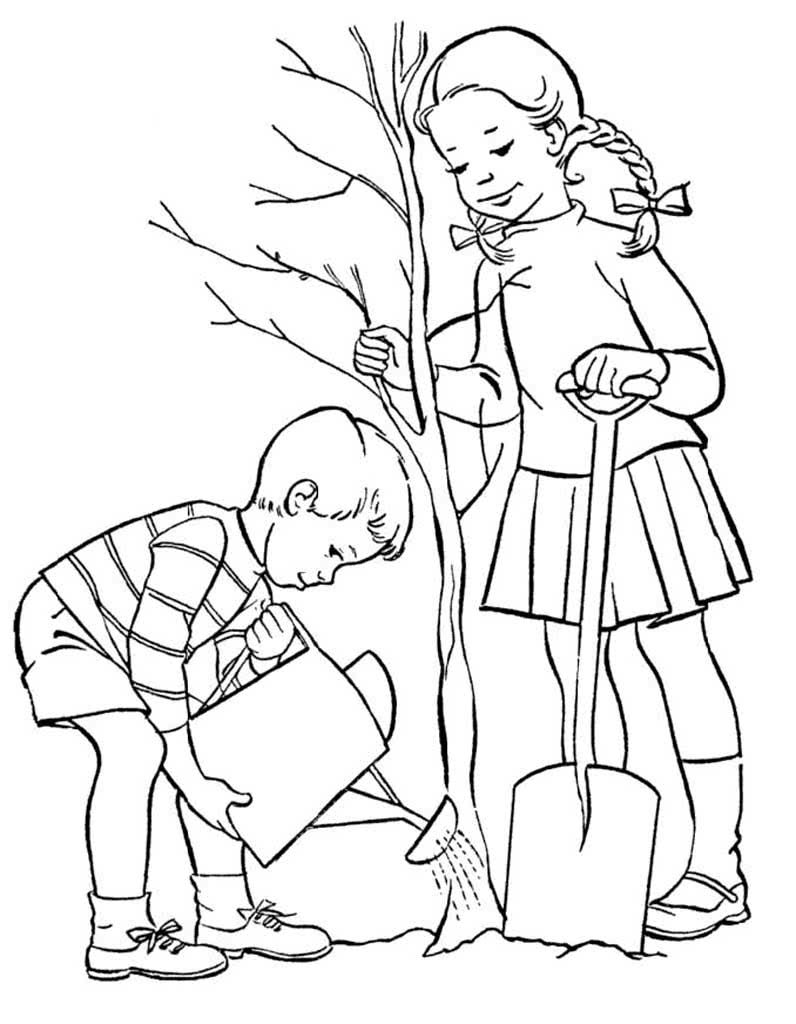 Девочка и мальчик сажают дерево