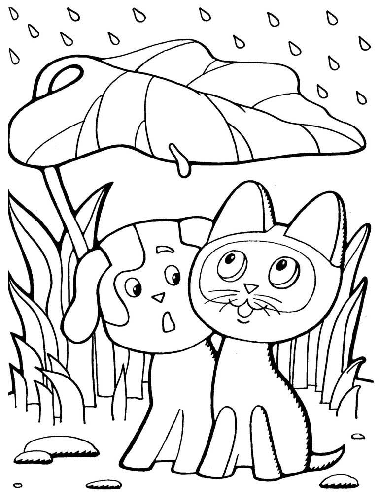 Котенок Гав с щенком прячутся от дождя по листом