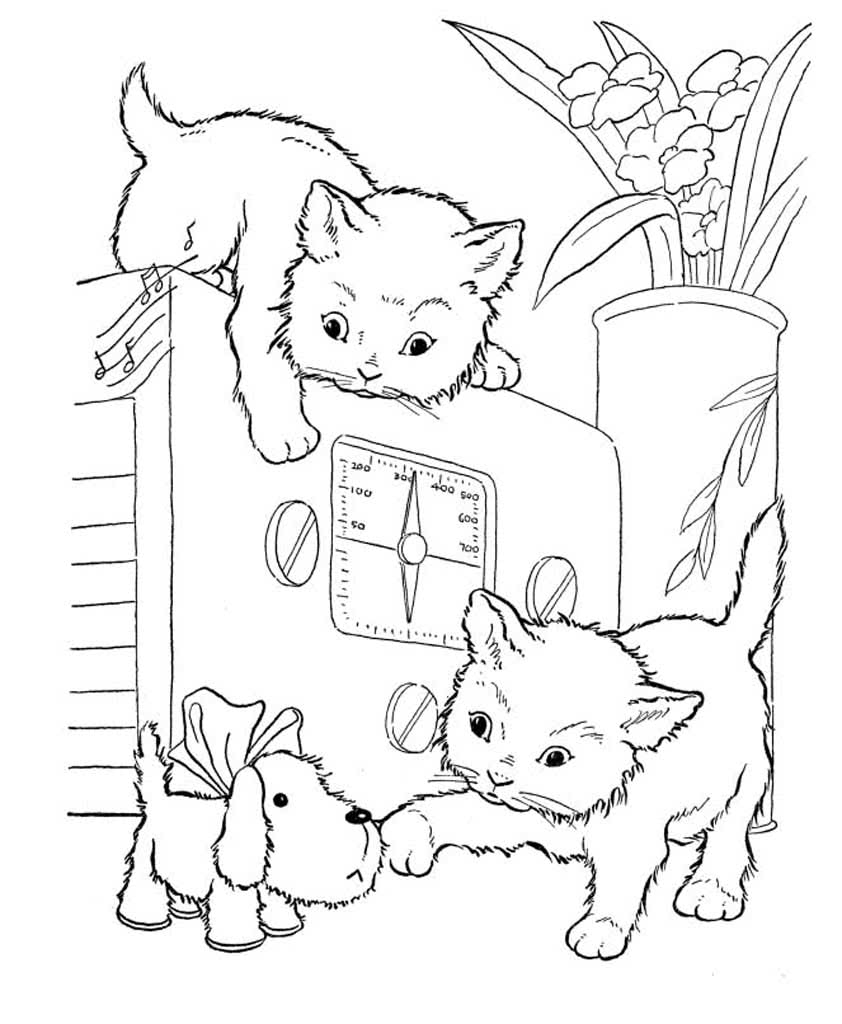 Два котенка играют с игрушечным щенком