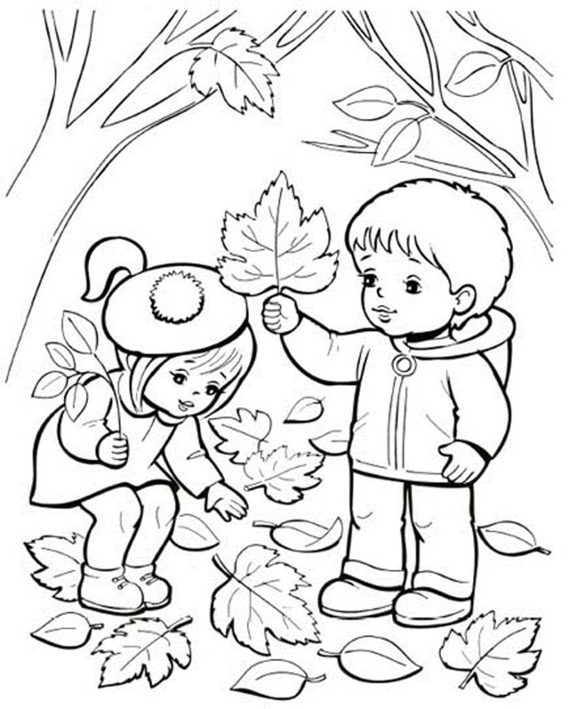 Девочка и мальчик в лесу собирают листья