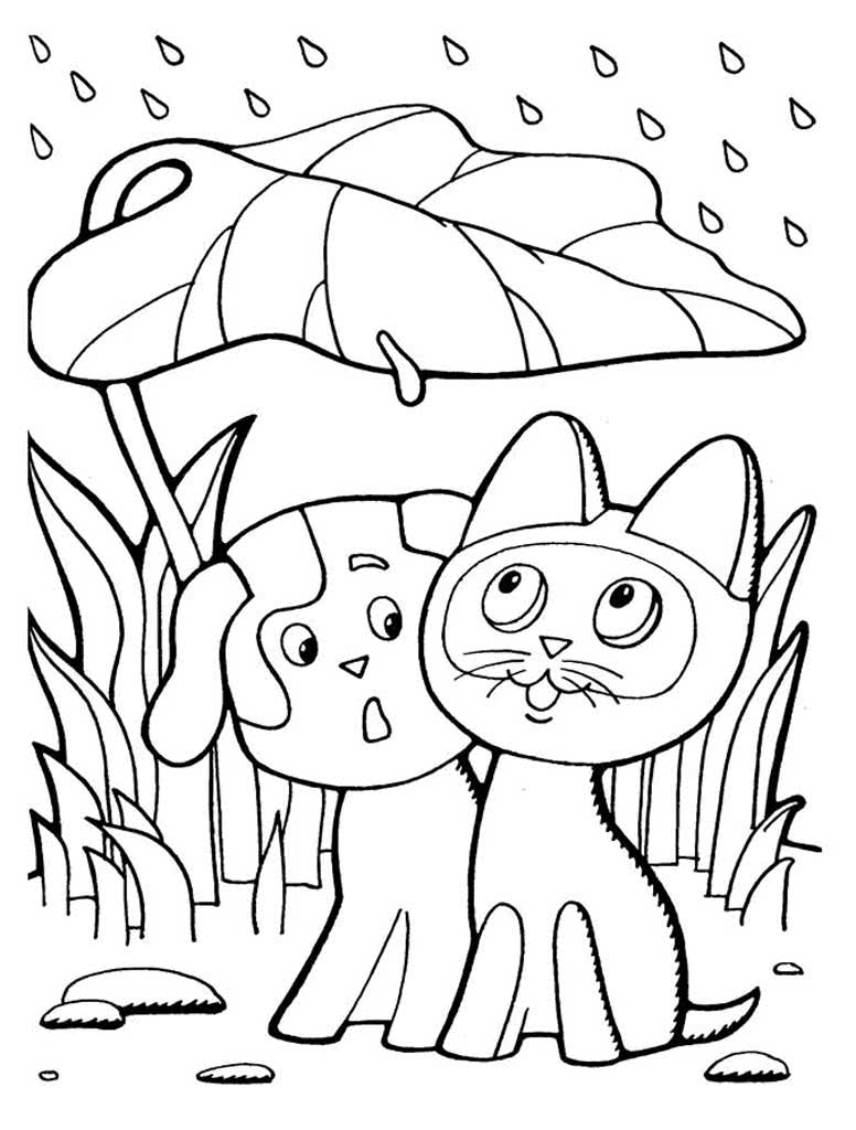 Щенок и котенок Гаф прячутся от дождя под листом