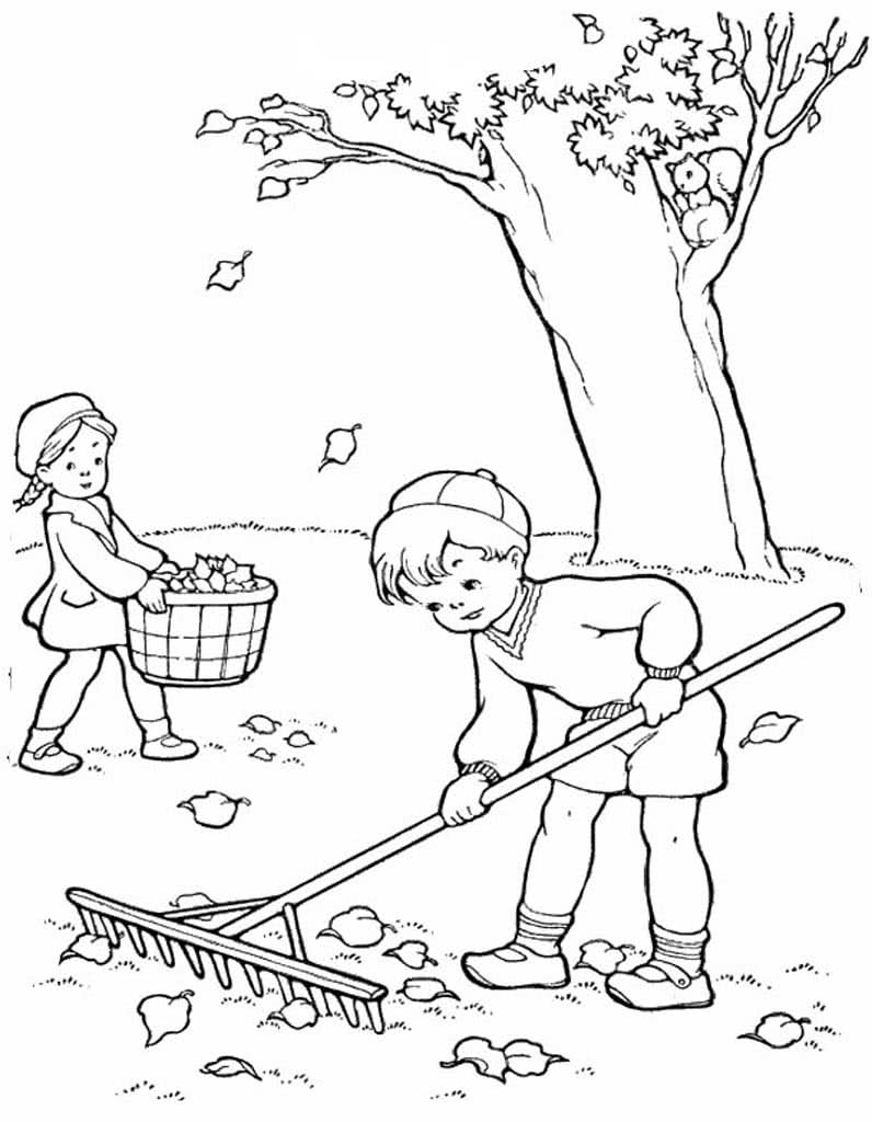 Девочка с корзиной и мальчик с граблями убирают осеннюю листву