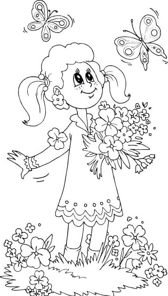 Девочка с букетом цветов и бабочками