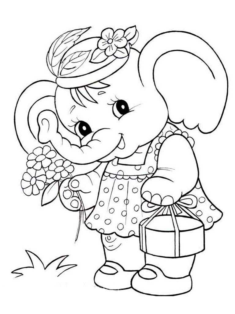 Слониха в сарафане с цветами и тортом