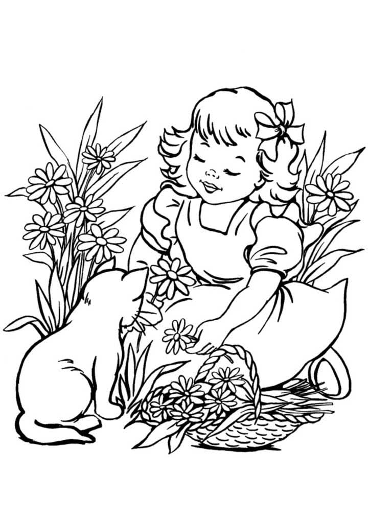 Девочка с котенком и корзиной цветов