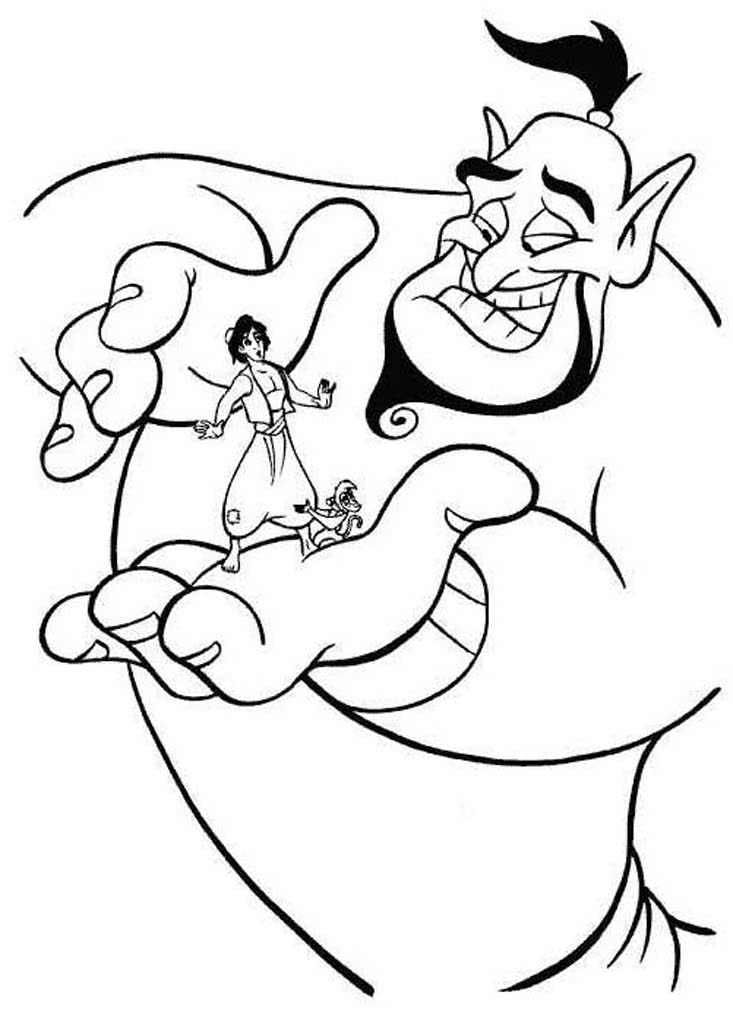 Джин держит Аладдина с обезьянкой на ладонях