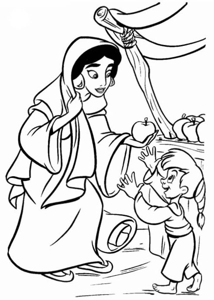 Принцесса Жасмин угощает маленького мальчика яблоком