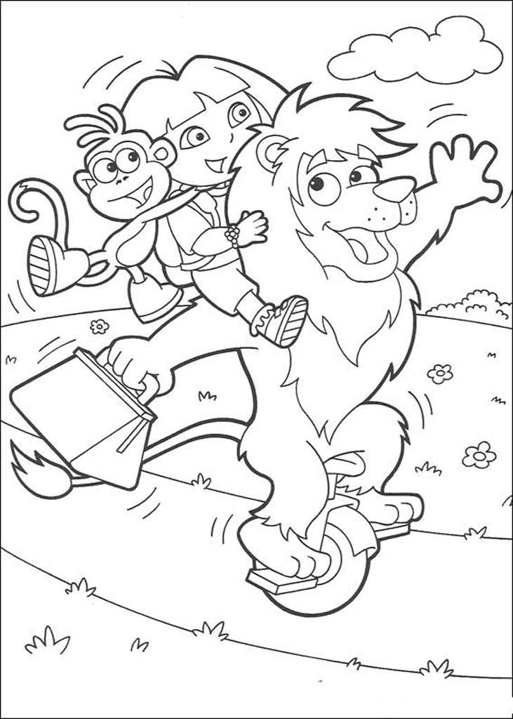 Лев едет на одном колесе с Дашей и обезьянкой
