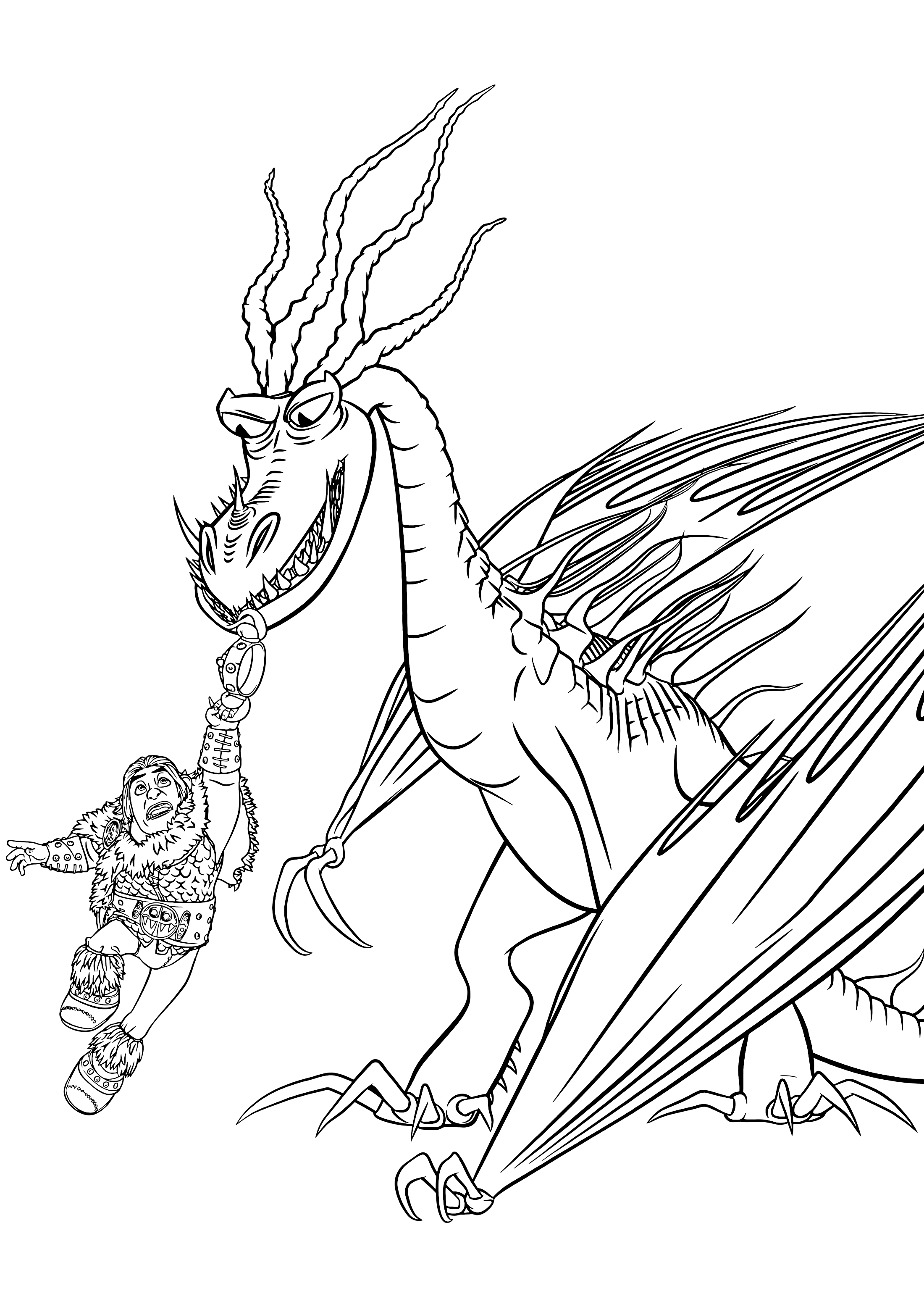 Детские раскраски по мультику Как приручить дракона, дракон Ужасное Чудовище Кривоклык и всадник Сморкла