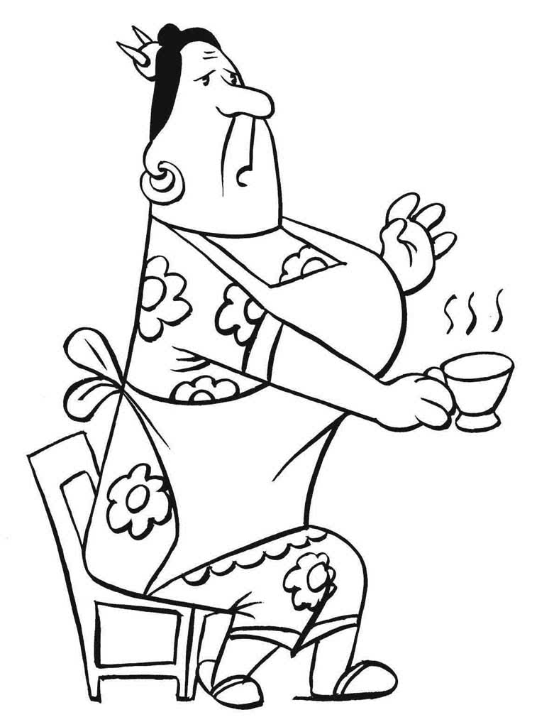 Фрекен Бок сидит на стуле с горячим чаем