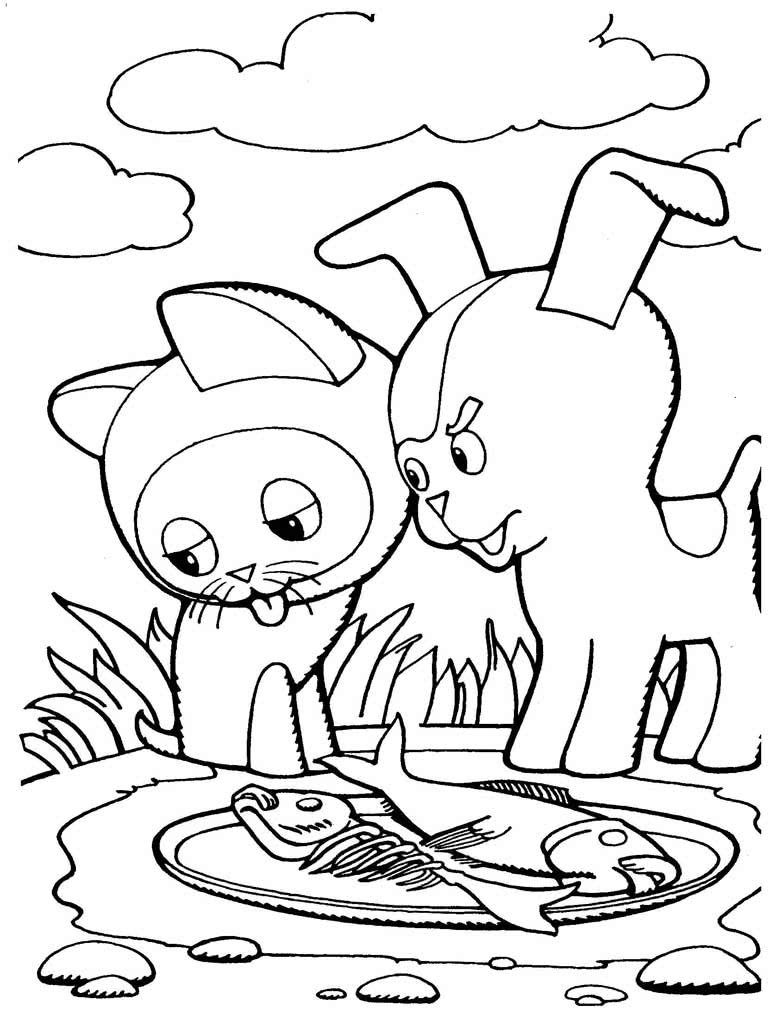 Котенок Гав и щенок Шарик у миски с рыбой
