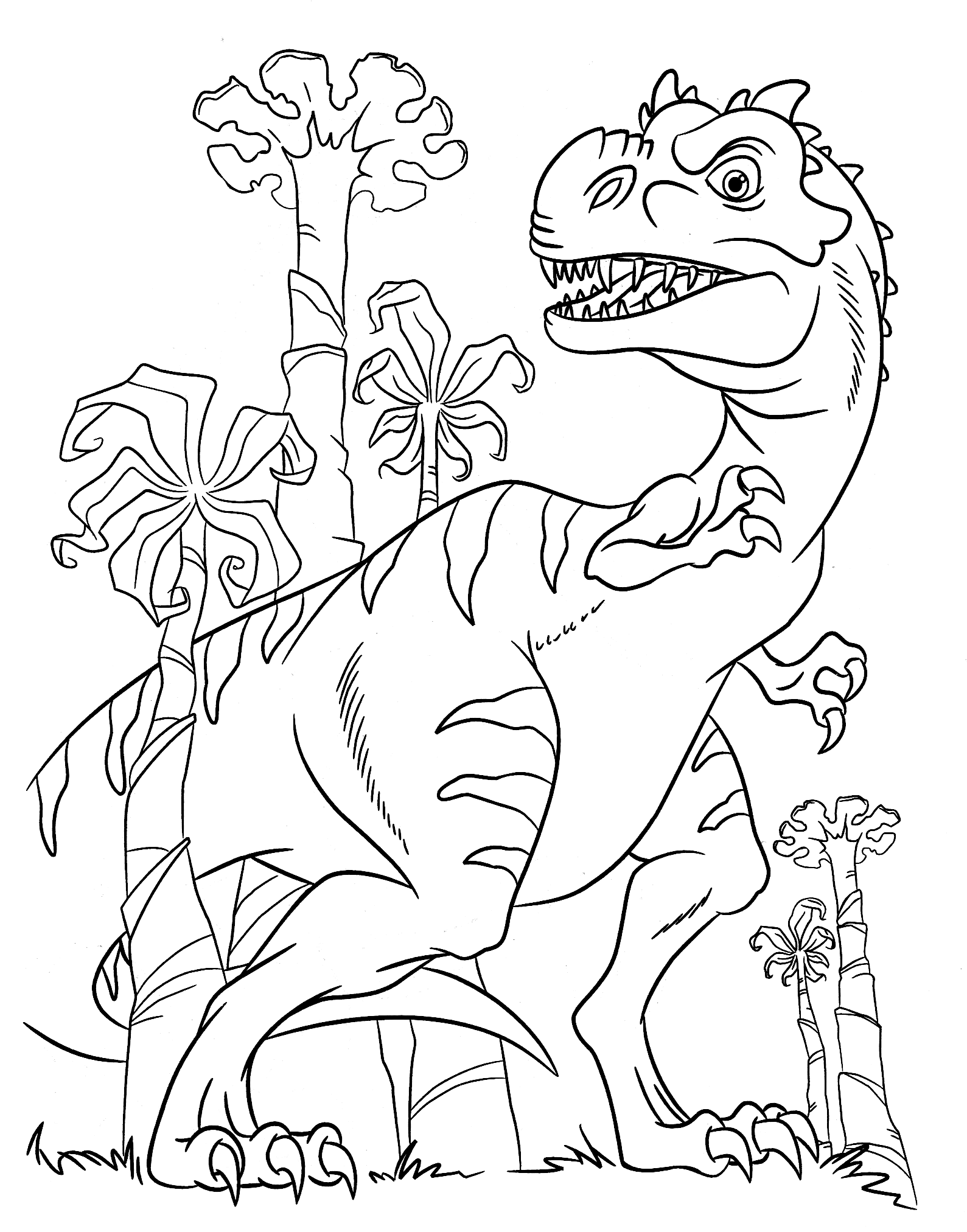 Огромный динозавр гуляет среди пальм