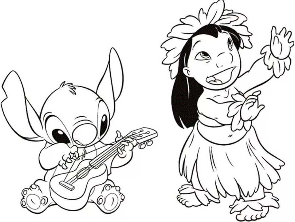 Стич играет на гитаре и Лило танцует