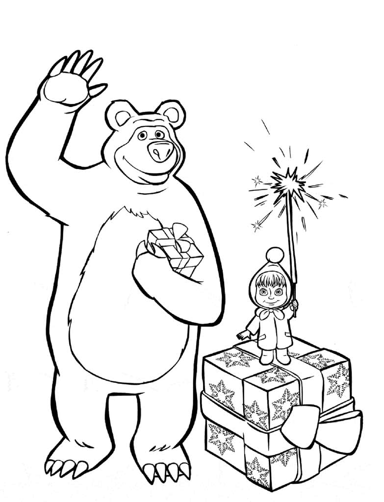 Новогодние раскраски Маша и Медведь