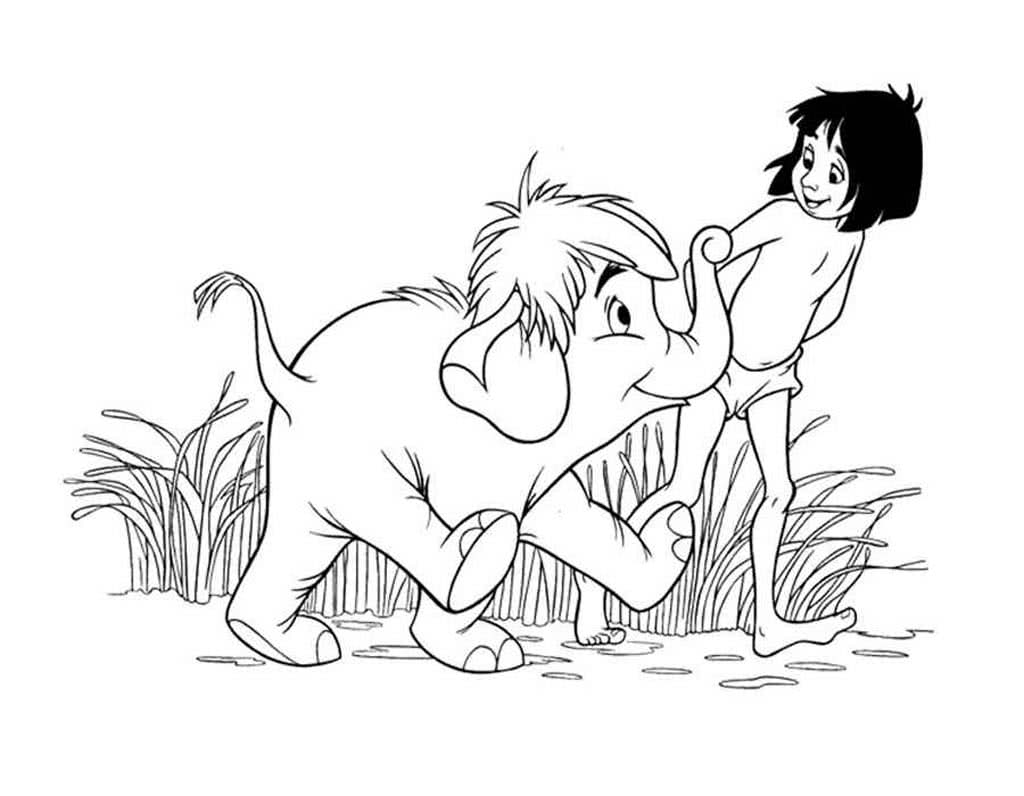 Маугли идет с маленьким слоненком
