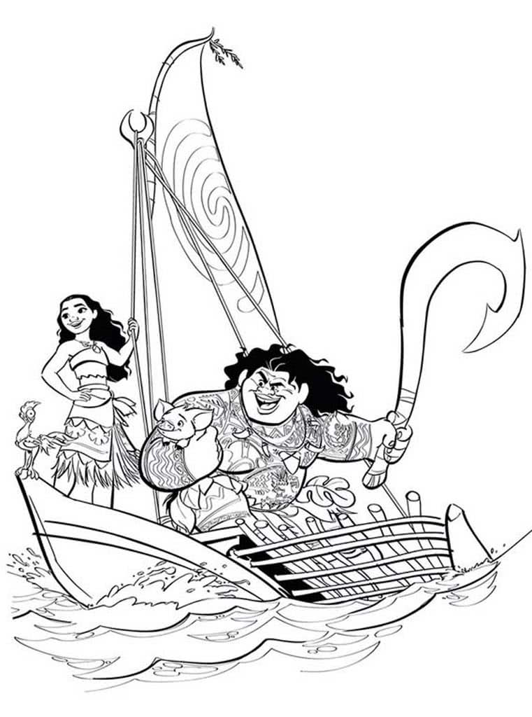 Моана и Мауи плывут на лодке