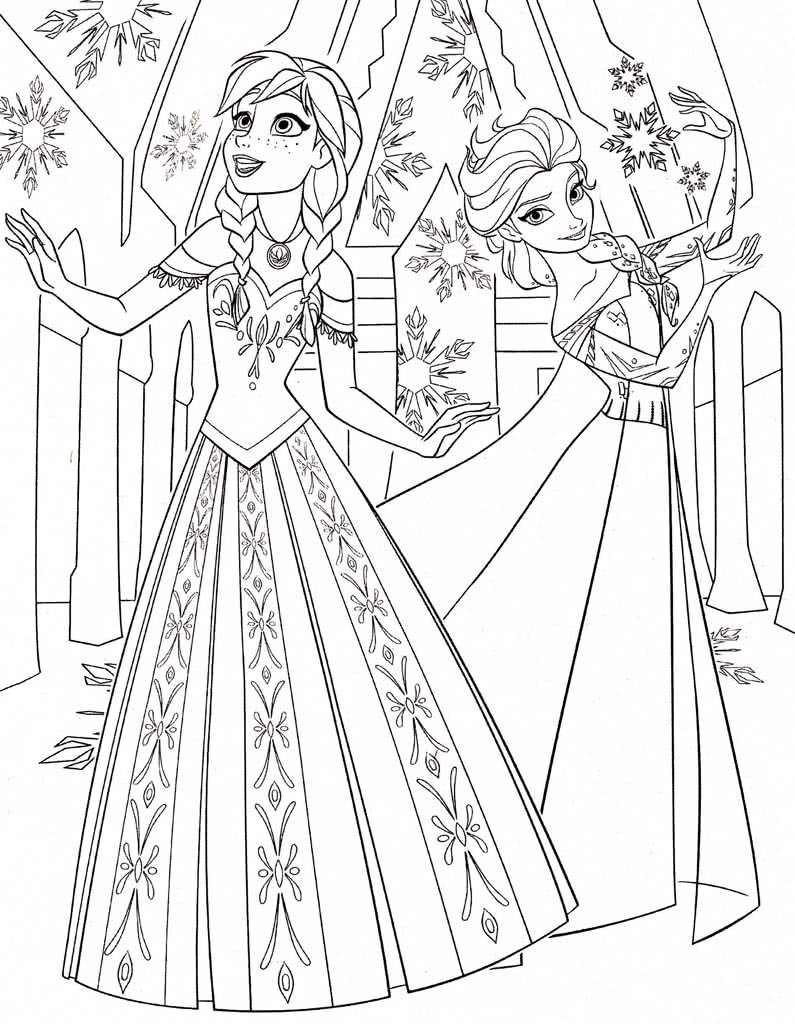 Эльза и Анна в бальном платье с красивыми снежинками