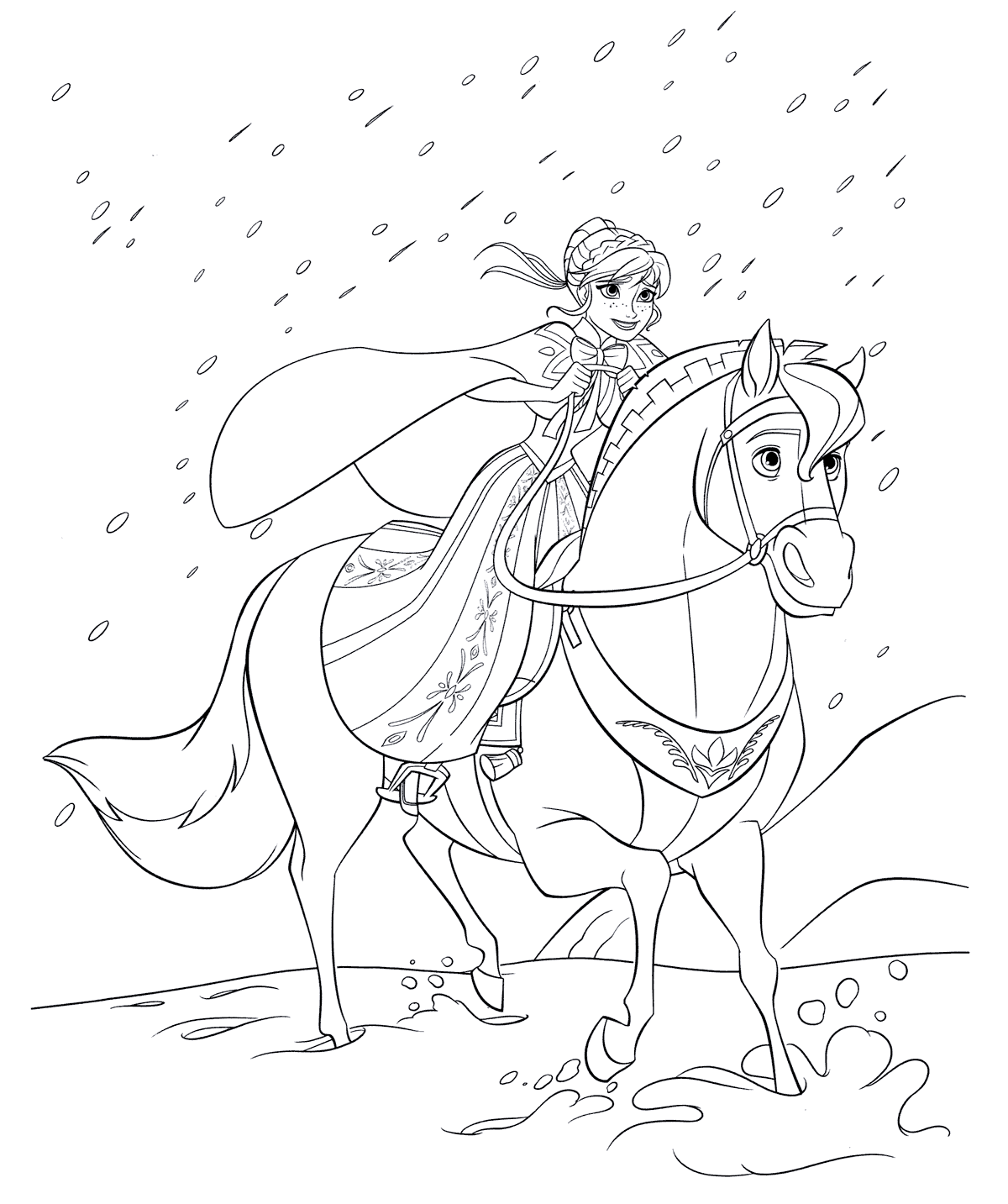 Анна скачет на лошади среди метели